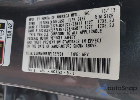 2014 Honda Cr-V Ex from USA, damaged, VIN 5J6RM4H53EL027504